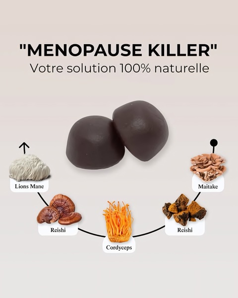 A minimalist product ad featuring dark chocolate supplements surrounded by an annotated arc of mushroom ingredients including Lions Mane and Reishi.